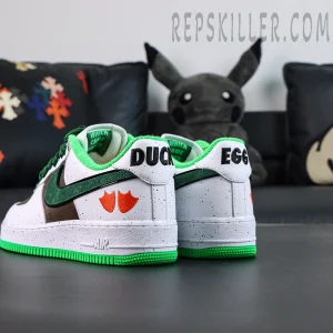 Nike Air Force 1 DOAF Oregon “Duck or Egg” PE rear side view with orange duck foot embroidery