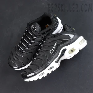 Top view of Nike Air Max Plus Black White showing streamlined design and signature lace structure