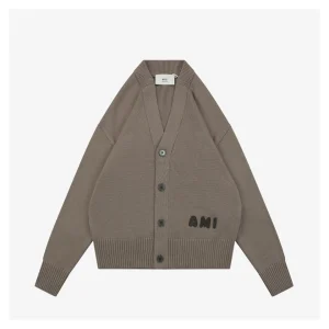 Ami Playful Letter Embroidered Knit Cardigan Front view