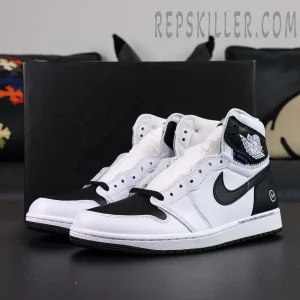 Fragment Design x Union LA x Air Jordan 1 “White Black” collaboration sneakers, pair displayed at front-side angle showing overall silhouette and color balance