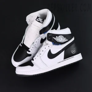 Fragment Design x Union LA x Air Jordan 1 “White Black” collaboration sneakers, top-down view showing tongue construction and Nike Air labels