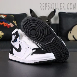 Fragment Design x Union LA x Air Jordan 1 “White Black” collaboration sneakers, outsole-up view showing black rubber outsole with circular traction pattern