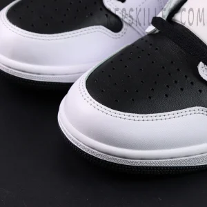 Fragment Design x Union LA x Air Jordan 1 “White Black” collaboration sneakers, toe box close-up with black perforated leather and white overlays