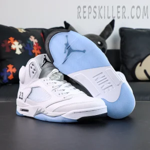 Air Jordan 5 Retro White Metallic front view with outsole, white leather upper and icy blue translucent sole