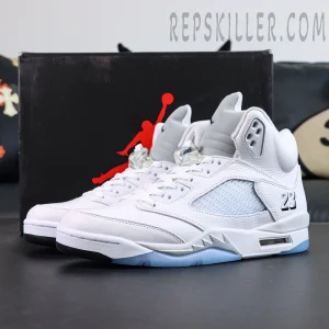 Air Jordan 5 Retro White Metallic displayed with original shoebox, overall product view
