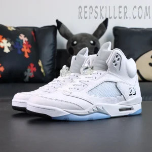 Air Jordan 5 Retro White Metallic front side angle showing white upper and silver shark tooth midsole