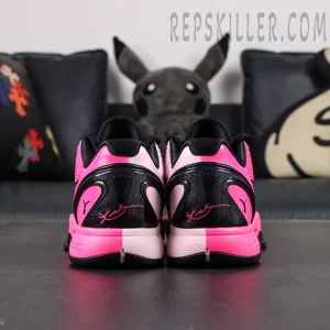 Nike Kobe 6 Protro Kay Yow rear view showing pink and black symmetrical design with Kay Yow signature detail