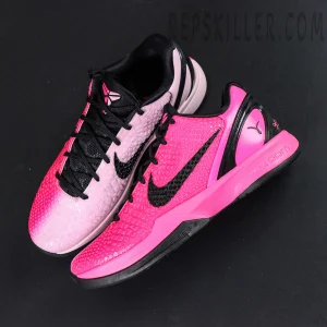 Nike Kobe 6 Protro Kay Yow top view showing pink and black colorway with snakeskin-textured upper