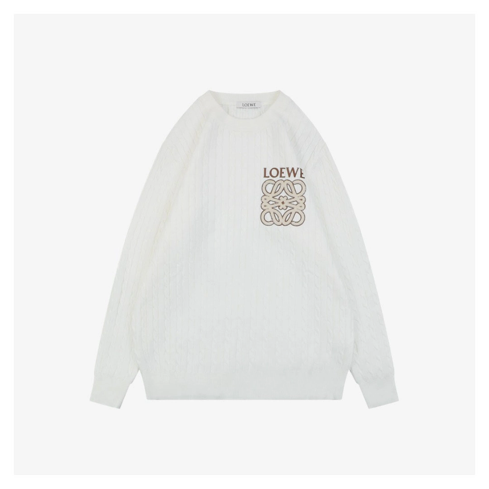 Loewe Cable-Knit Logo Crewneck Sweater White Front view