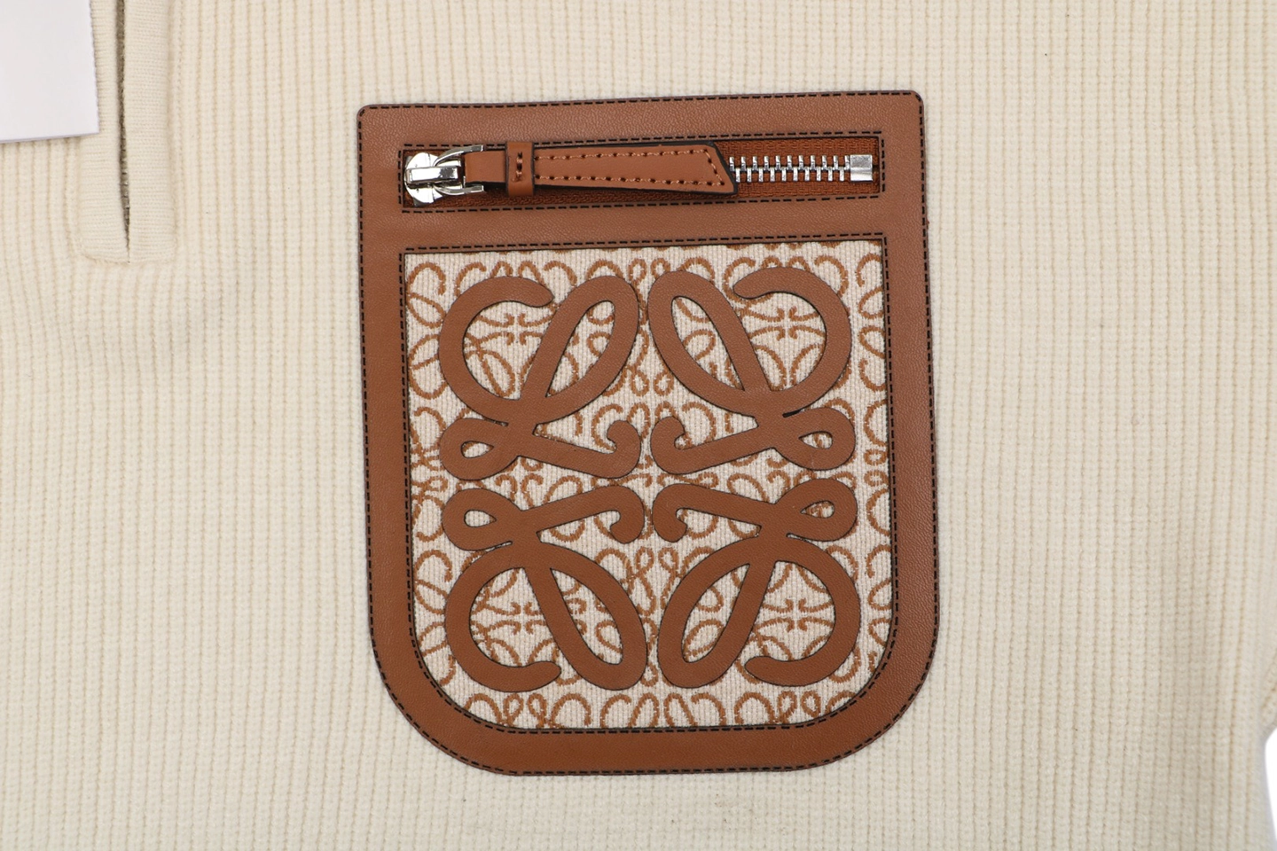 Loewe Faux Pocket Anagram Half-Zip Knit Sweater Beige Pocket