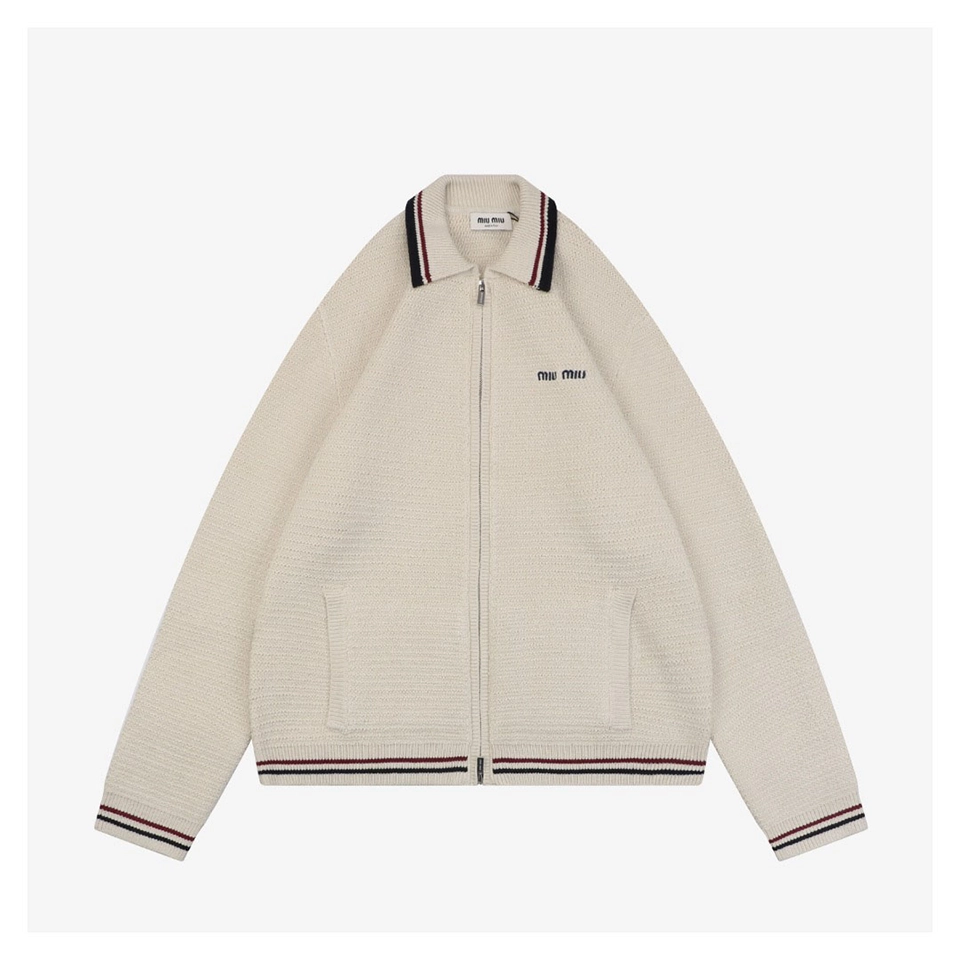 Miu Miu Red & Blue Ribbed Trim Cotton Zip-Up Jacket Front view