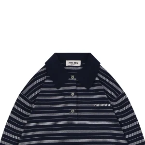Miu Miu Striped Logo Long Sleeve Polo Shirt Black
