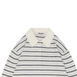 Miu Miu Striped Logo Long Sleeve Polo Shirt White