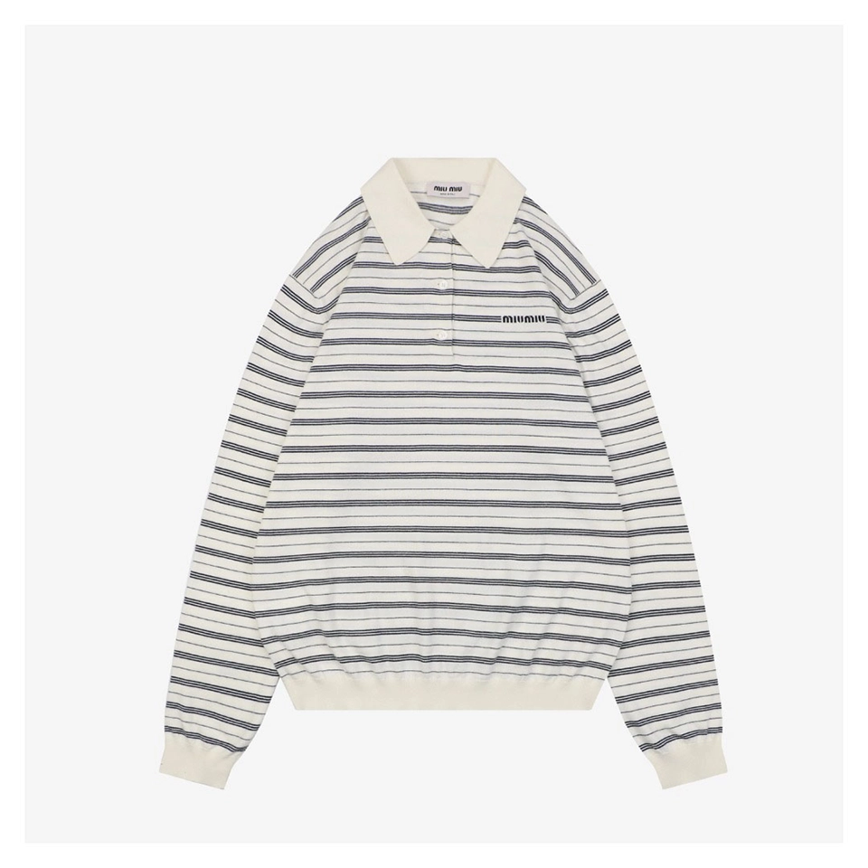 Miu Miu Striped Logo Long Sleeve Polo Shirt White Front view