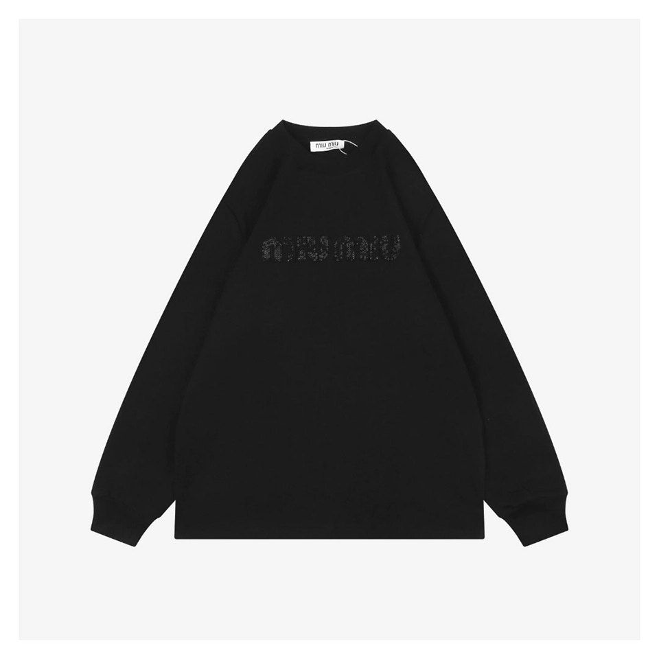 Miu Miu Tonal Beaded Logo Embroidered Sweatshirt Black Front view