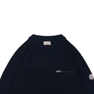 Moncler Arm Patch Zip Pocket Crew Neck Knit Sweater Black