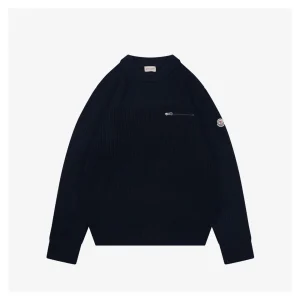Moncler Arm Patch Zip Pocket Crew Neck Knit Sweater Black
