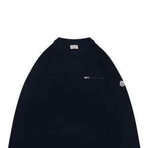 Moncler Arm Patch Zip Pocket Crew Neck Knit Sweater Black