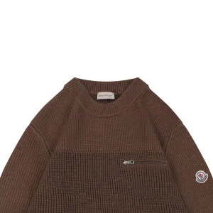 Moncler Arm Patch Zip Pocket Crew Neck Knit Sweater Brown