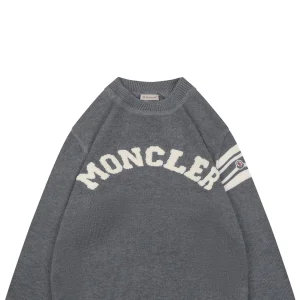 Moncler Curved Logo Crewneck Knit Arm Patch Sweater Grey