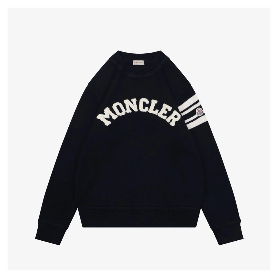 Moncler Curved Logo Crewneck Knit Arm Patch Sweater Black Front view