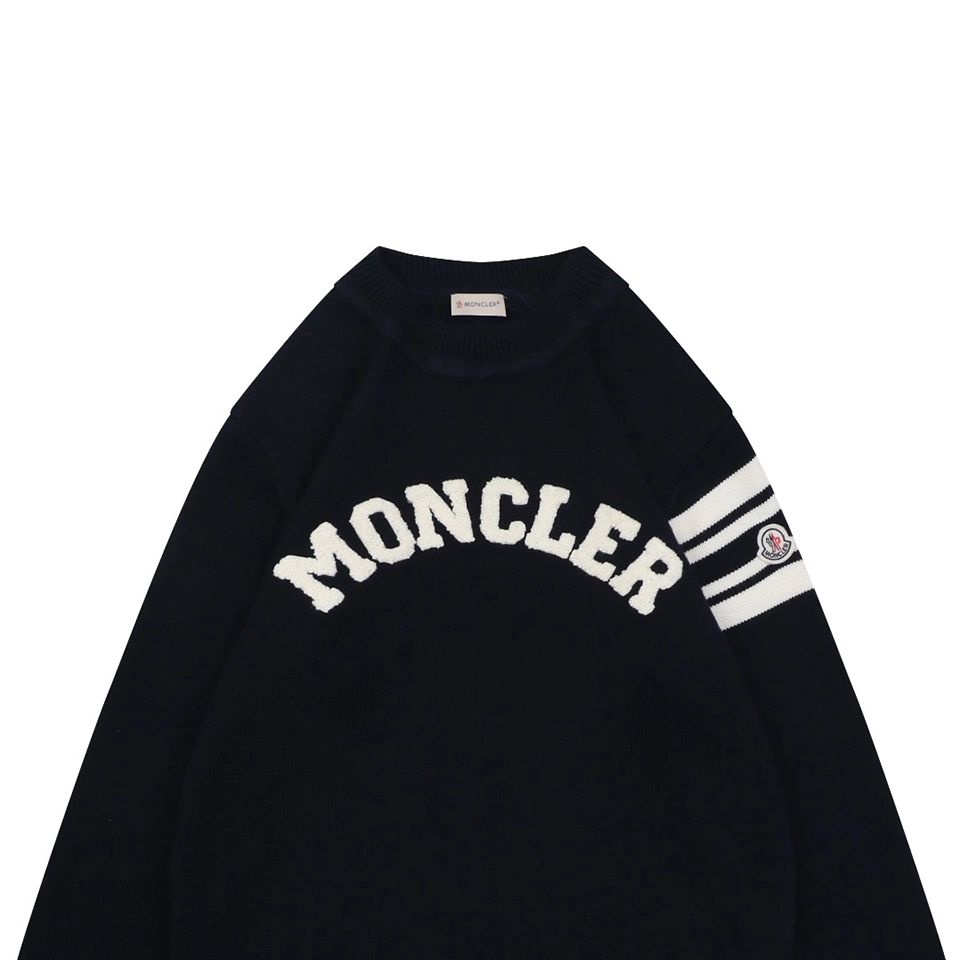 Moncler Curved Logo Crewneck Knit Arm Patch Sweater Black