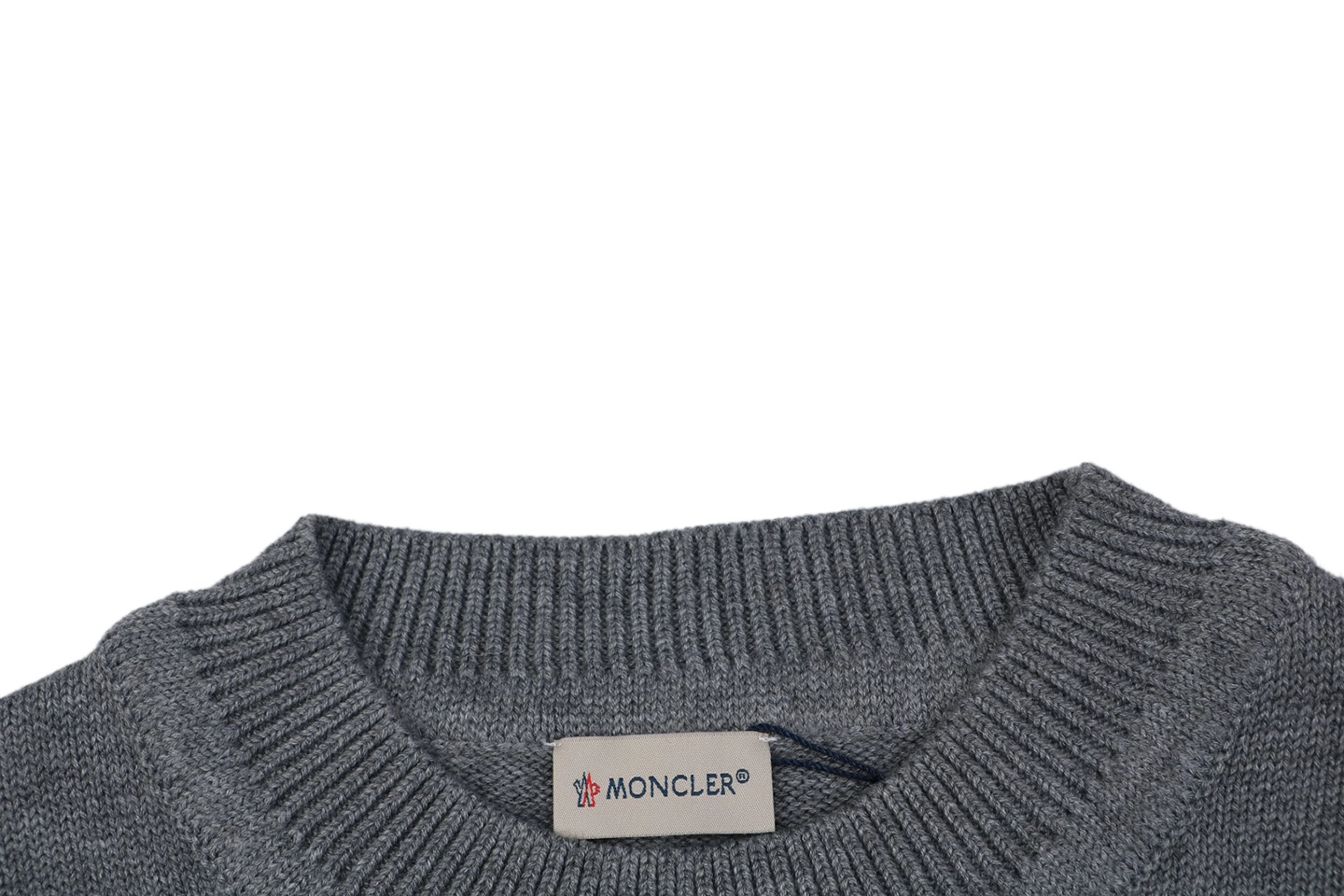Moncler Curved Logo Crewneck Knit Arm Patch Sweater Grey Collar