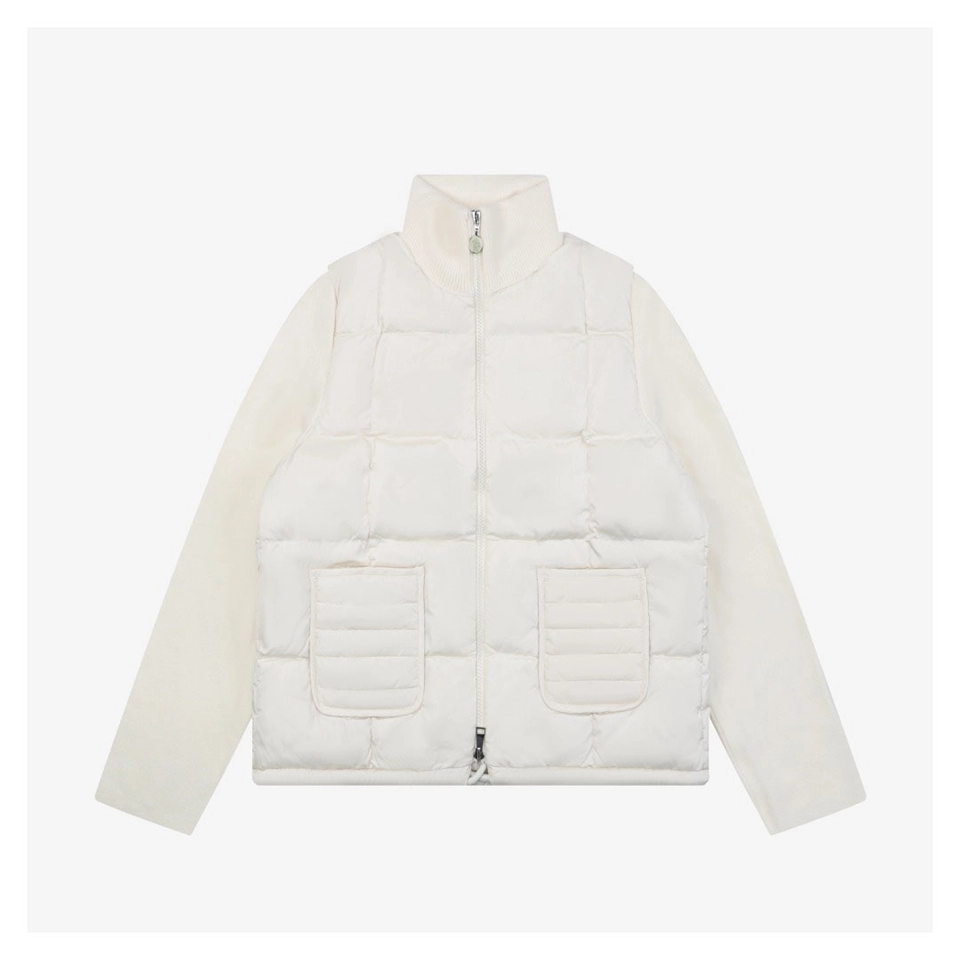Moncler Quilted Patch Pocket Panelled Down Jacket White Front view