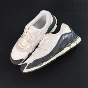 ASICS Gel NYC “White Smoke Grey” sneakers, pair displayed at rear side angle showing layered upper design