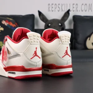 Air Jordan 4 Retro “Valentine’s Day” basketball shoes, rear view showing white upper and red Jumpman heel logo