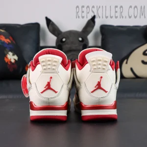 Air Jordan 4 Retro “Valentine’s Day” basketball shoes, straight rear view with both heels aligned