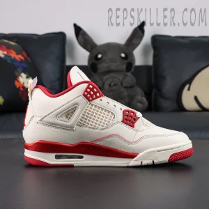 Air Jordan 4 Retro “Valentine’s Day” basketball shoes, side profile showing mesh panel and red support wings