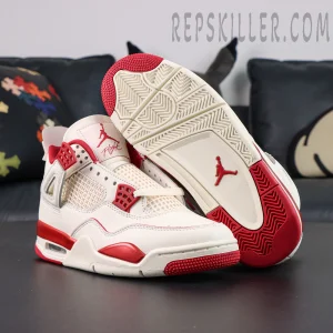 Air Jordan 4 Retro “Valentine’s Day” basketball shoes, outsole and forefoot view with red and white traction pattern