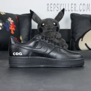 BLACK Comme des Garçons x Nike Air Force 1 Low black collaboration sneakers, side profile with CDG heel branding