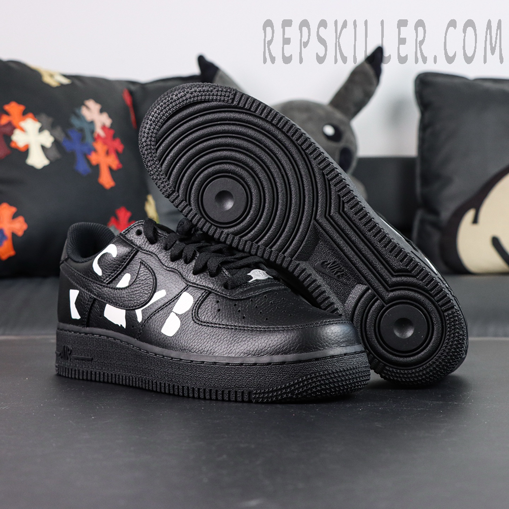 BLACK Comme des Garçons x Nike Air Force 1 Low black collaboration sneakers, outsole view with circular traction pattern