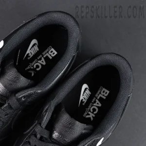 BLACK Comme des Garçons x Nike Air Force 1 Low black collaboration sneakers, inner lining view with BLACK CDG and Nike co-branding