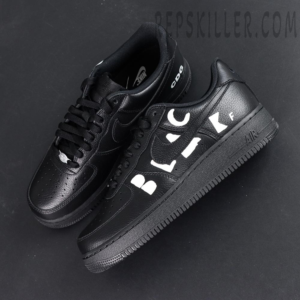 BLACK Comme des Garçons x Nike Air Force 1 Low black collaboration sneakers, top-down view showing silhouette and lace layout