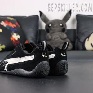 Balenciaga x Speedcat Suede Black White sneakers, rear view showing size 42 marking and rubber outsole