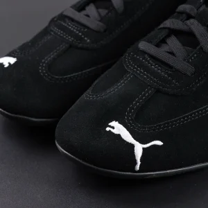 Balenciaga x Speedcat Suede Black White sneakers, toe box close-up with Puma logo embroidery