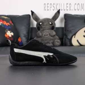 Balenciaga x Speedcat Suede Black White sneakers, side profile with distressed white stripe detail