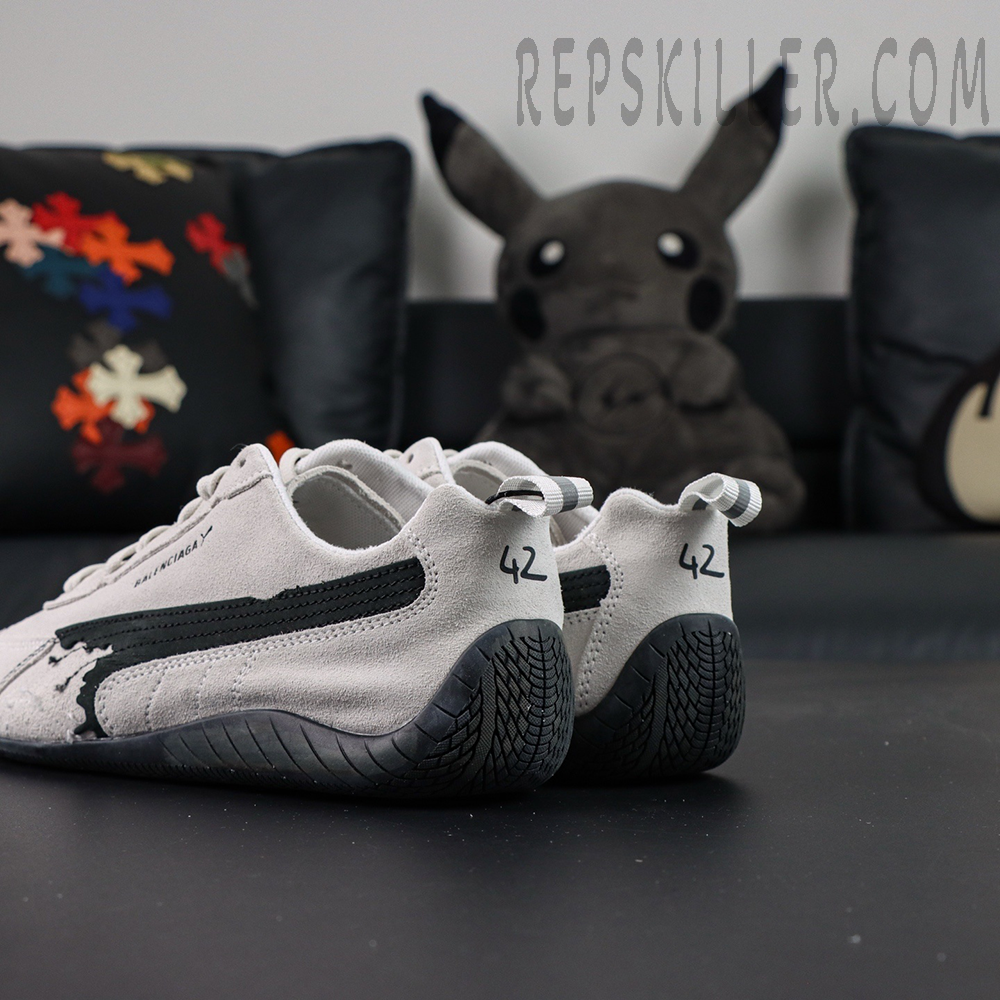 Balenciaga x Speedcat Suede “White Black” sneakers, rear angle showing heel with “42” marking