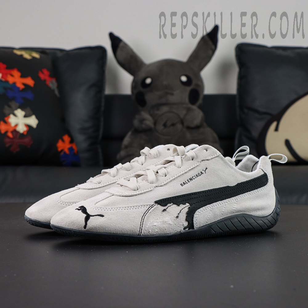 Balenciaga x Speedcat Suede “White Black” sneakers, side view with white suede upper and black side stripe