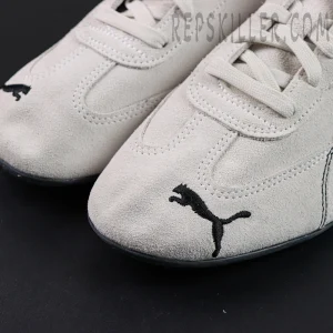 Balenciaga x Speedcat Suede “White Black” sneakers, toe box close-up with suede texture and Puma logo embroidery