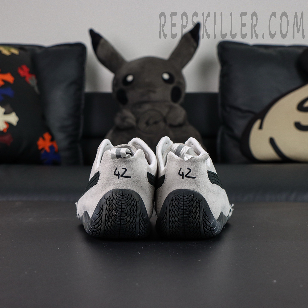 Balenciaga x Speedcat Suede “White Black” sneakers, straight rear view showing outsole tread pattern