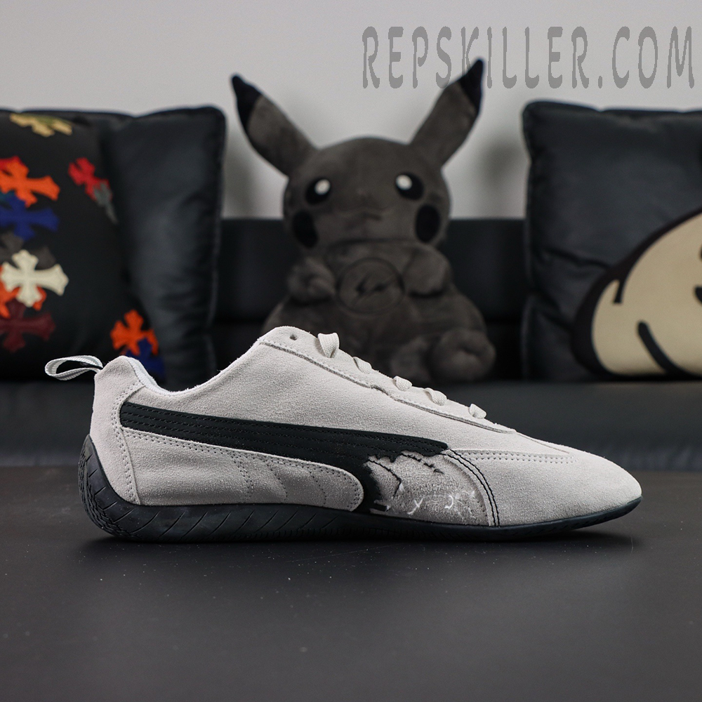 Balenciaga x Speedcat Suede “White Black” sneakers, single shoe side view with black rubber outsole and streamlined silhouette