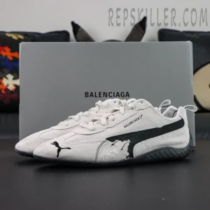 Balenciaga x Speedcat Suede “White Black” sneakers displayed with original shoebox, full presentation view