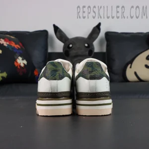 CLOT x BAPE x adidas Superstar “Off White Olive Cargo” sneakers, straight rear view showing camouflage accents and elevated sole