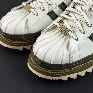 CLOT x BAPE x adidas Superstar “Off White Olive Cargo” sneakers, toe box close-up featuring shell toe and leather detailing