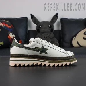 CLOT x BAPE x adidas Superstar “Off White Olive Cargo” sneakers, lateral side view featuring star motif and camouflage three stripes