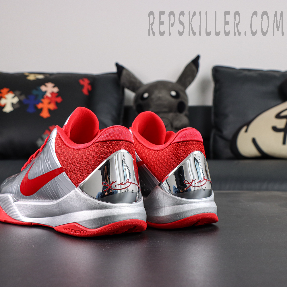 Caitlin Clark x Nike Zoom Kobe 5 Protro “Rookie of the Year” basketball shoes, rear side angle with red lining and silver upper